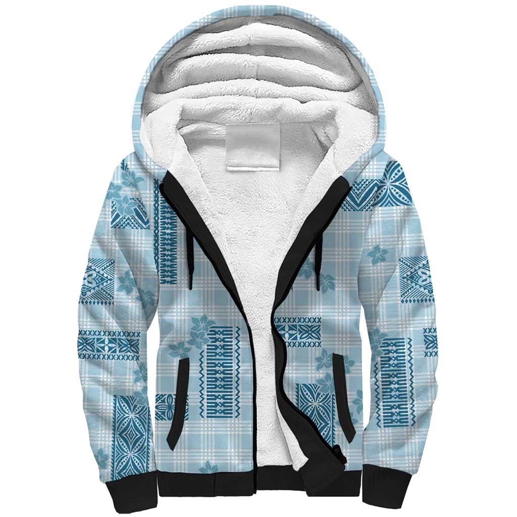 Hawaiian Quilt Tapa On Cold Blue Palaka Motifs Sherpa Hoodie LT7 Unisex Azure - Polynesian Pride