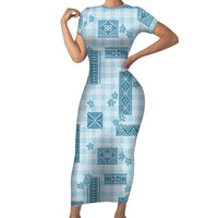 Hawaiian Quilt Tapa On Cold Blue Palaka Motifs Short Sleeve Bodycon Dress LT7 Long Dress Azure - Polynesian Pride