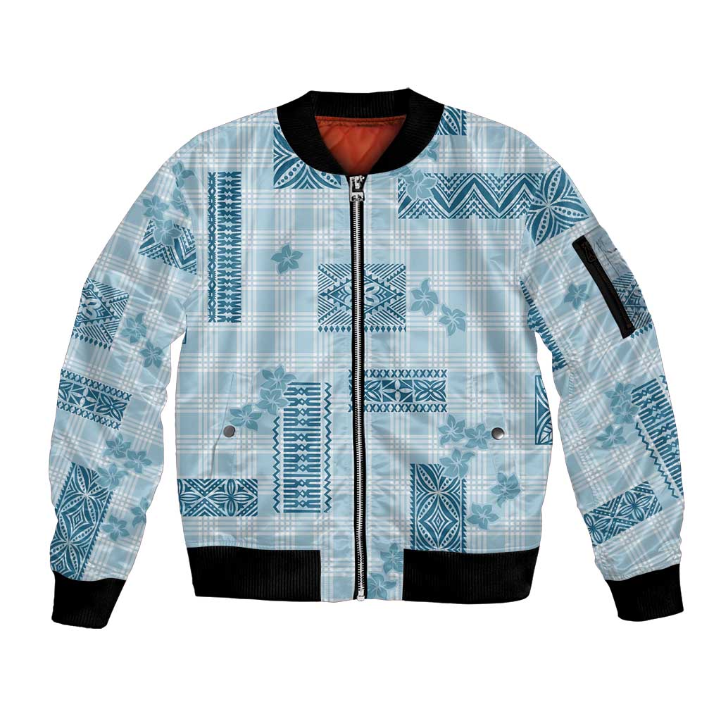 Hawaiian Quilt Tapa On Cold Blue Palaka Motifs Sleeve Zip Bomber Jacket LT7 Unisex Azure - Polynesian Pride