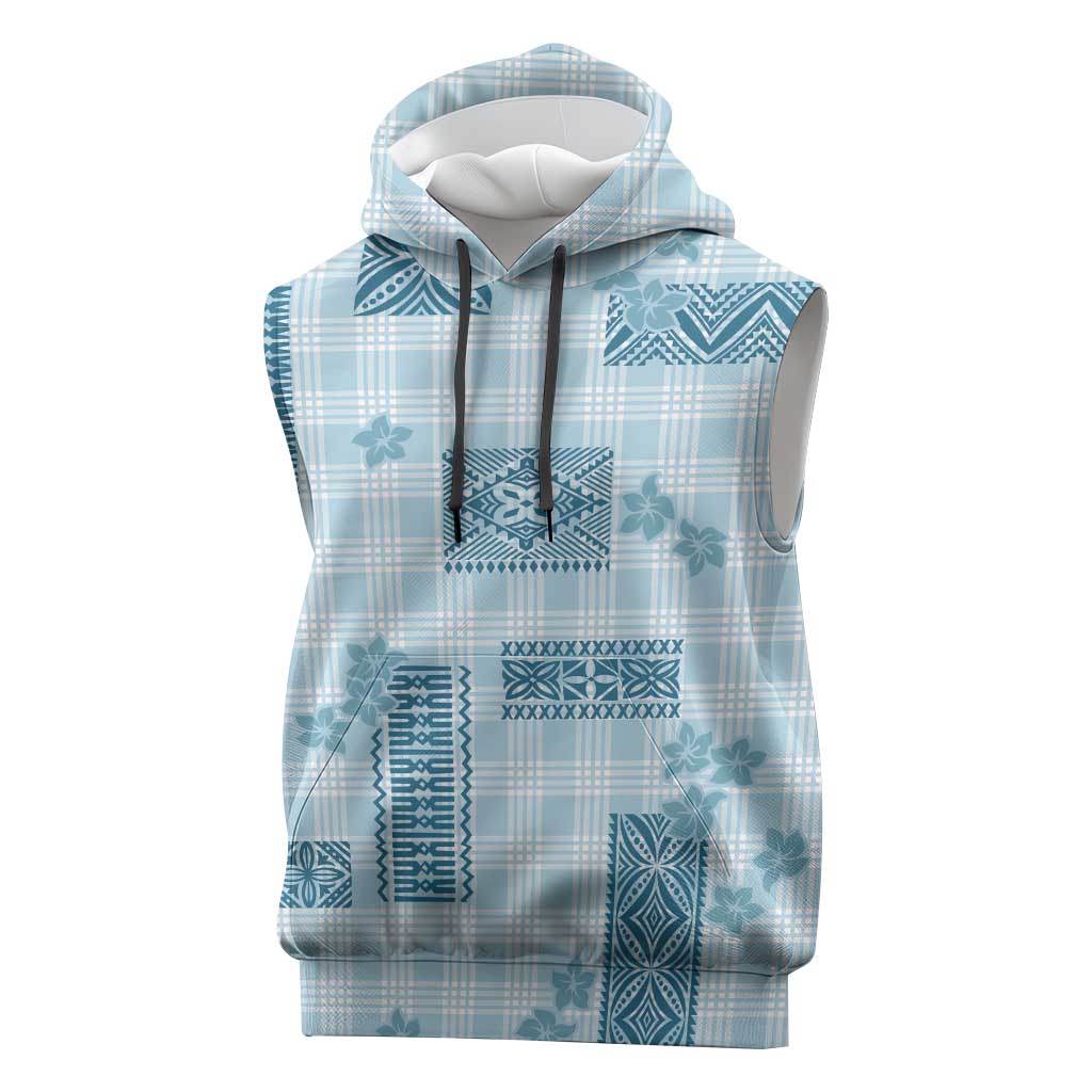 Hawaiian Quilt Tapa On Cold Blue Palaka Motifs Sleeveless Hoodie LT7 Azure - Polynesian Pride