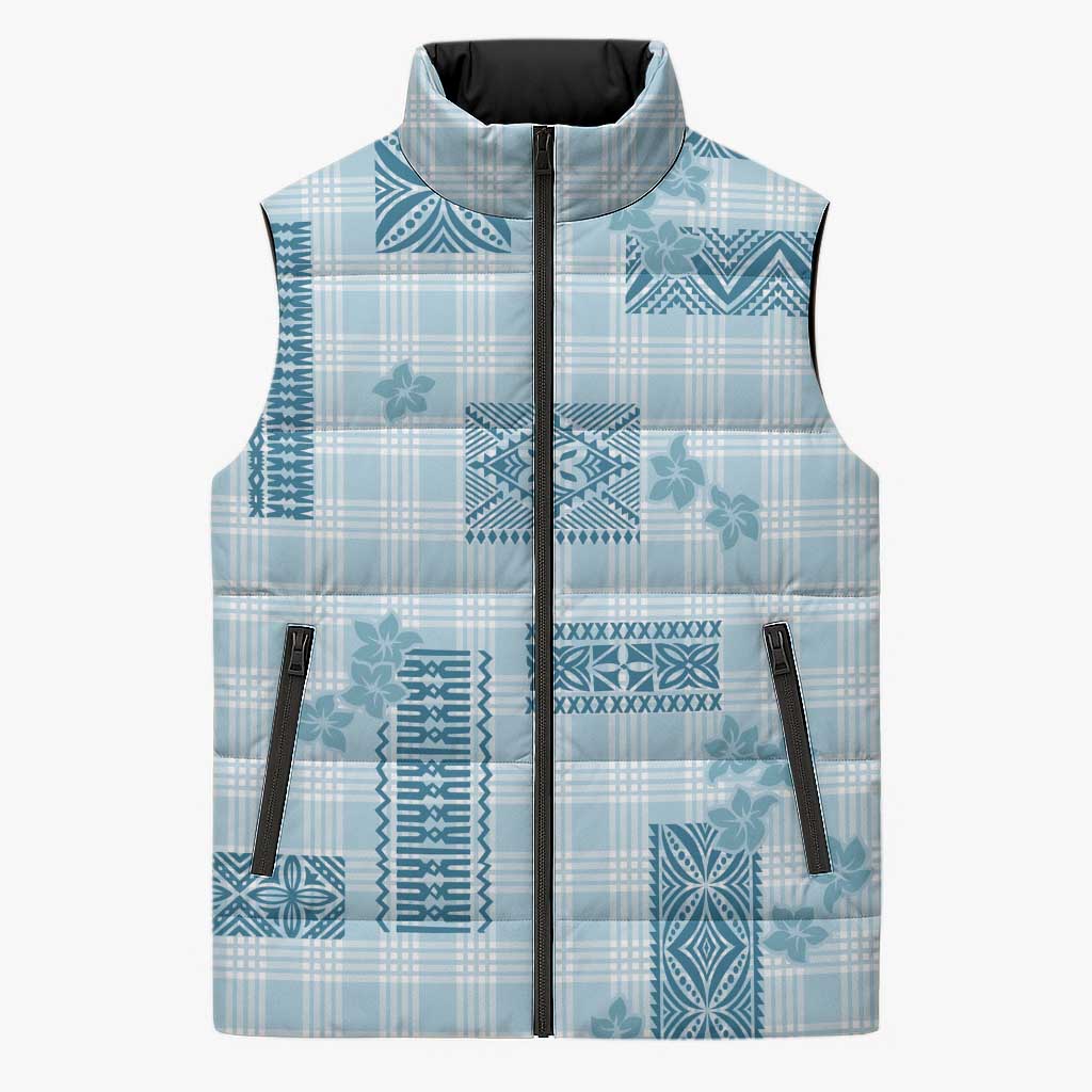 Hawaiian Quilt Tapa On Cold Blue Palaka Motifs Sleeveless Puffer Jacket LT7 Unisex Azure - Polynesian Pride