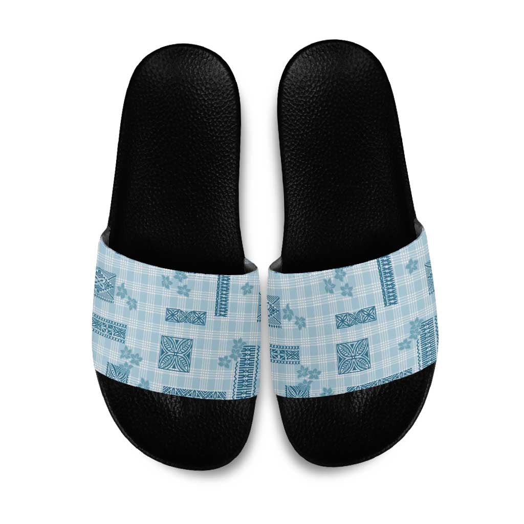 Hawaiian Quilt Tapa On Cold Blue Palaka Motifs Slide Sandals