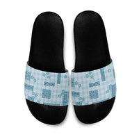 Hawaiian Quilt Tapa On Cold Blue Palaka Motifs Slide Sandals