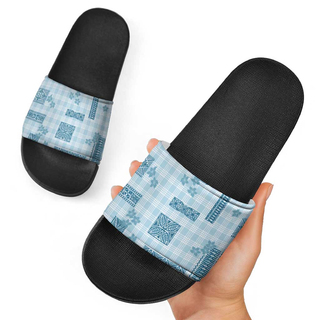 Hawaiian Quilt Tapa On Cold Blue Palaka Motifs Slide Sandals