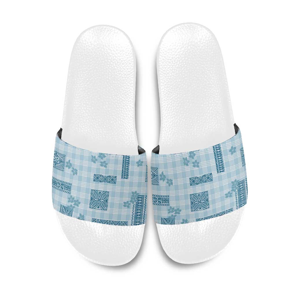 Hawaiian Quilt Tapa On Cold Blue Palaka Motifs Slide Sandals