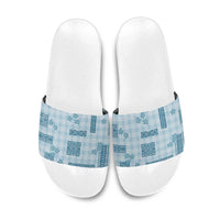 Hawaiian Quilt Tapa On Cold Blue Palaka Motifs Slide Sandals