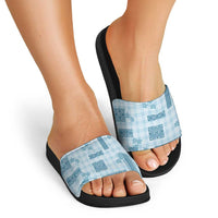 Hawaiian Quilt Tapa On Cold Blue Palaka Motifs Slide Sandals