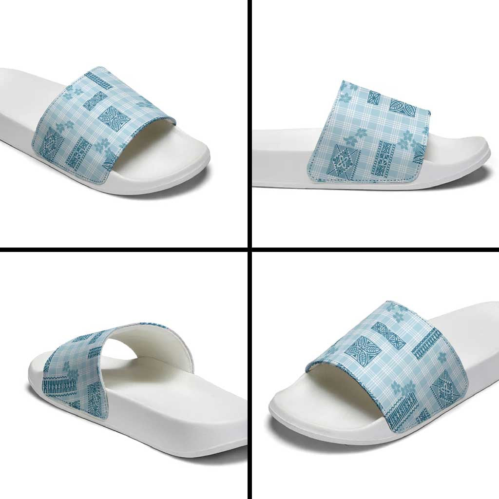 Hawaiian Quilt Tapa On Cold Blue Palaka Motifs Slide Sandals