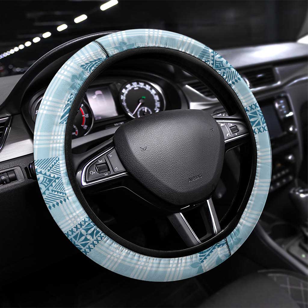 Hawaiian Quilt Tapa On Cold Blue Palaka Motifs Steering Wheel Cover LT7 Universal Fit Azure - Polynesian Pride