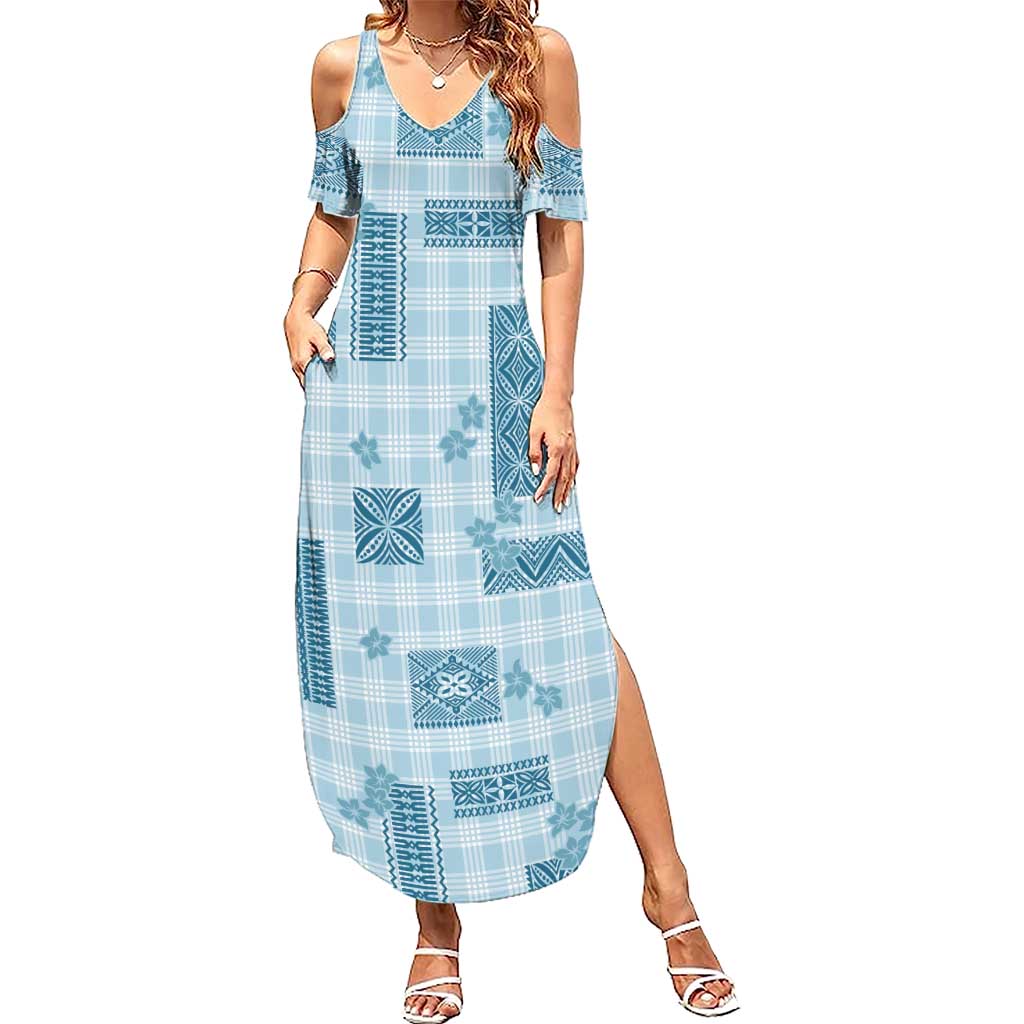 Hawaiian Quilt Tapa On Cold Blue Palaka Motifs Summer Maxi Dress LT7 Women Azure - Polynesian Pride
