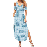 Hawaiian Quilt Tapa On Cold Blue Palaka Motifs Summer Maxi Dress LT7 Women Azure - Polynesian Pride