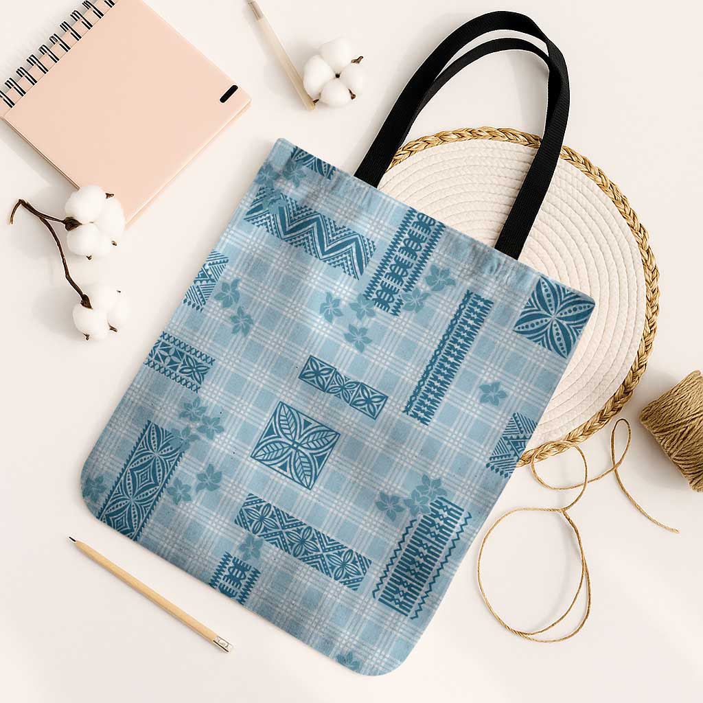 Hawaiian Quilt Tapa On Cold Blue Palaka Motifs Tote Bag LT7 Black Strap One Size Azure - Polynesian Pride