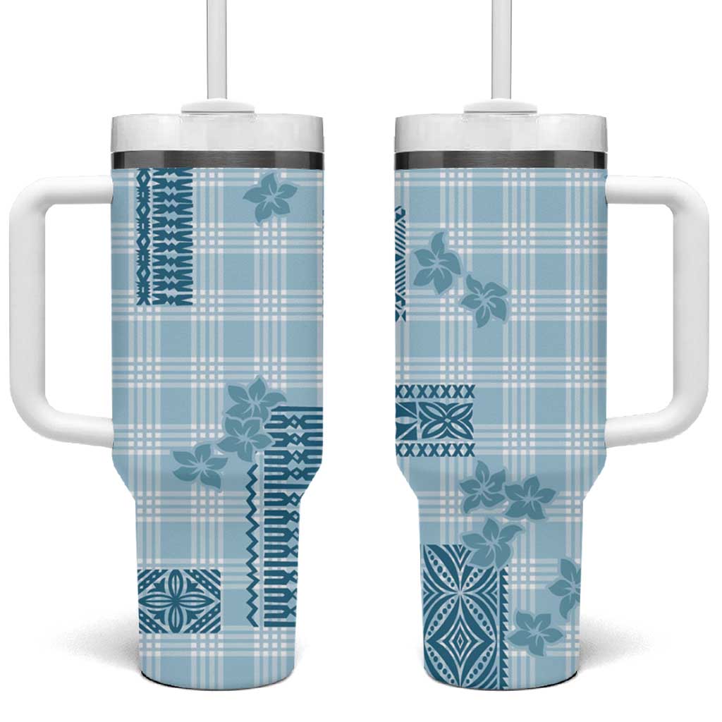 Hawaiian Quilt Tapa On Cold Blue Palaka Motifs Tumbler With Handle LT7 One Size: 40 oz Azure - Polynesian Pride
