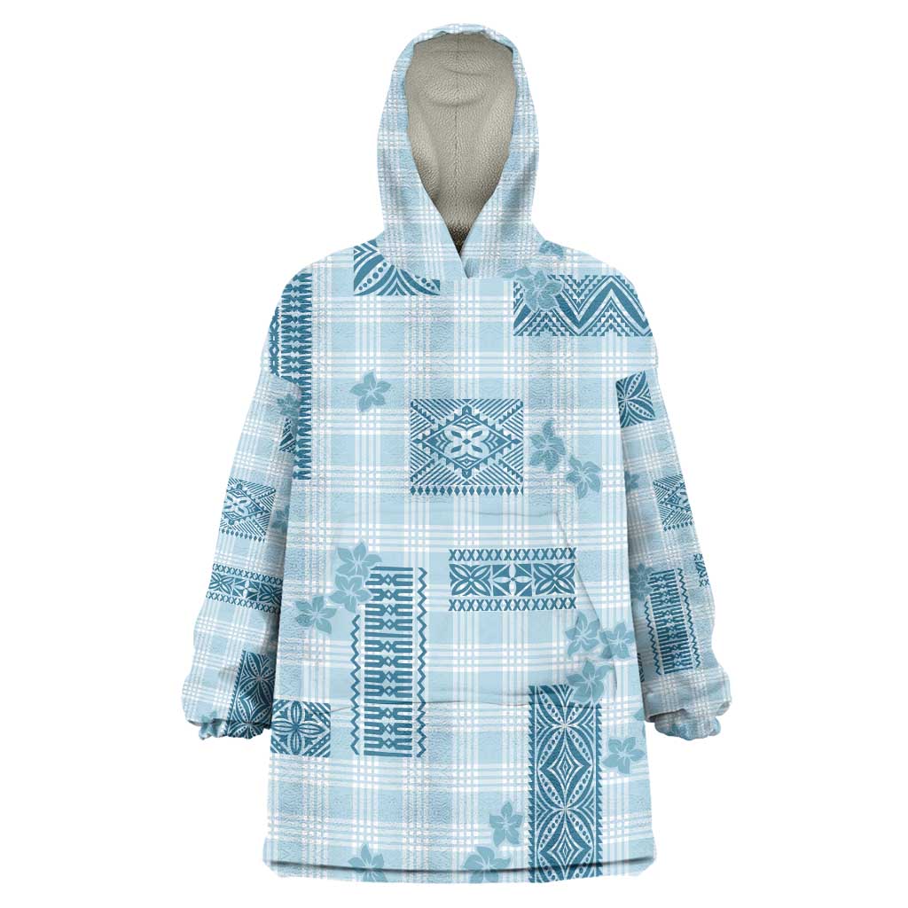 Hawaiian Quilt Tapa On Cold Blue Palaka Motifs Wearable Blanket Hoodie LT7 One Size Azure - Polynesian Pride