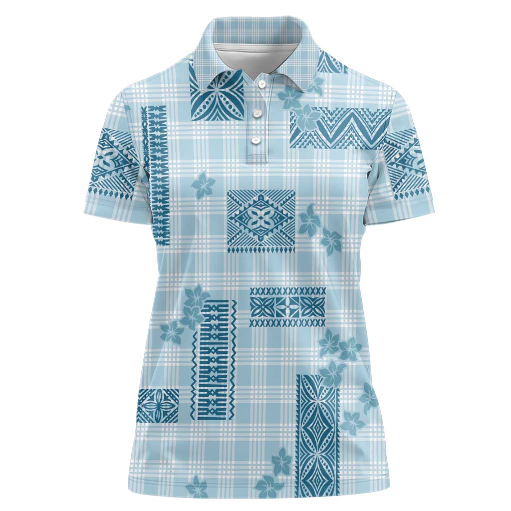 Hawaiian Quilt Tapa On Cold Blue Palaka Motifs Women Polo Shirt