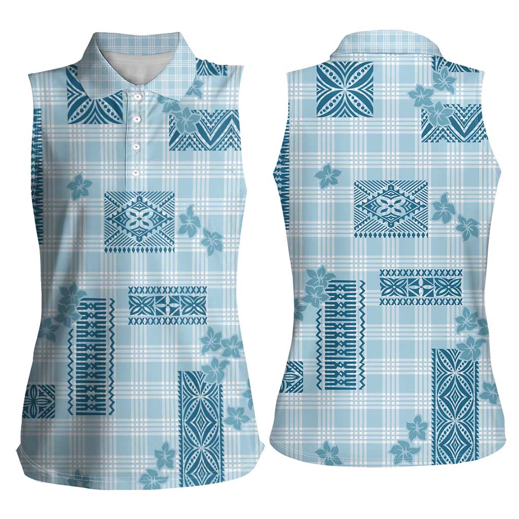 Hawaiian Quilt Tapa On Cold Blue Palaka Motifs Women Sleeveless Polo Shirt LT7 - Polynesian Pride