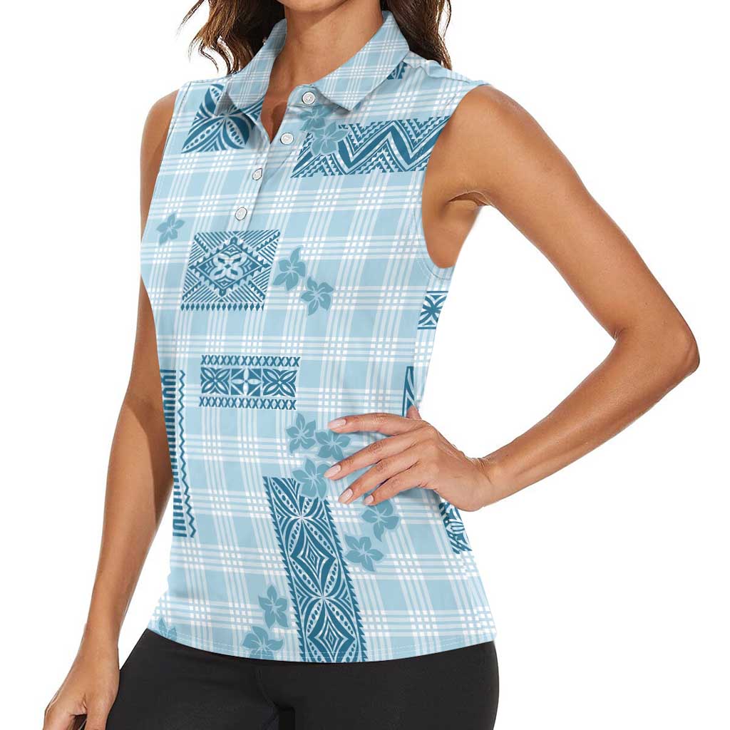 Hawaiian Quilt Tapa On Cold Blue Palaka Motifs Women Sleeveless Polo Shirt LT7 - Polynesian Pride