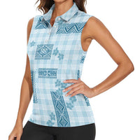 Hawaiian Quilt Tapa On Cold Blue Palaka Motifs Women Sleeveless Polo Shirt LT7 - Polynesian Pride