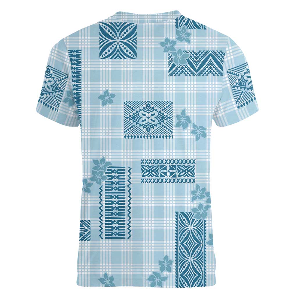 Hawaiian Quilt Tapa On Cold Blue Palaka Motifs Women V-Neck T-Shirt LT7 - Polynesian Pride