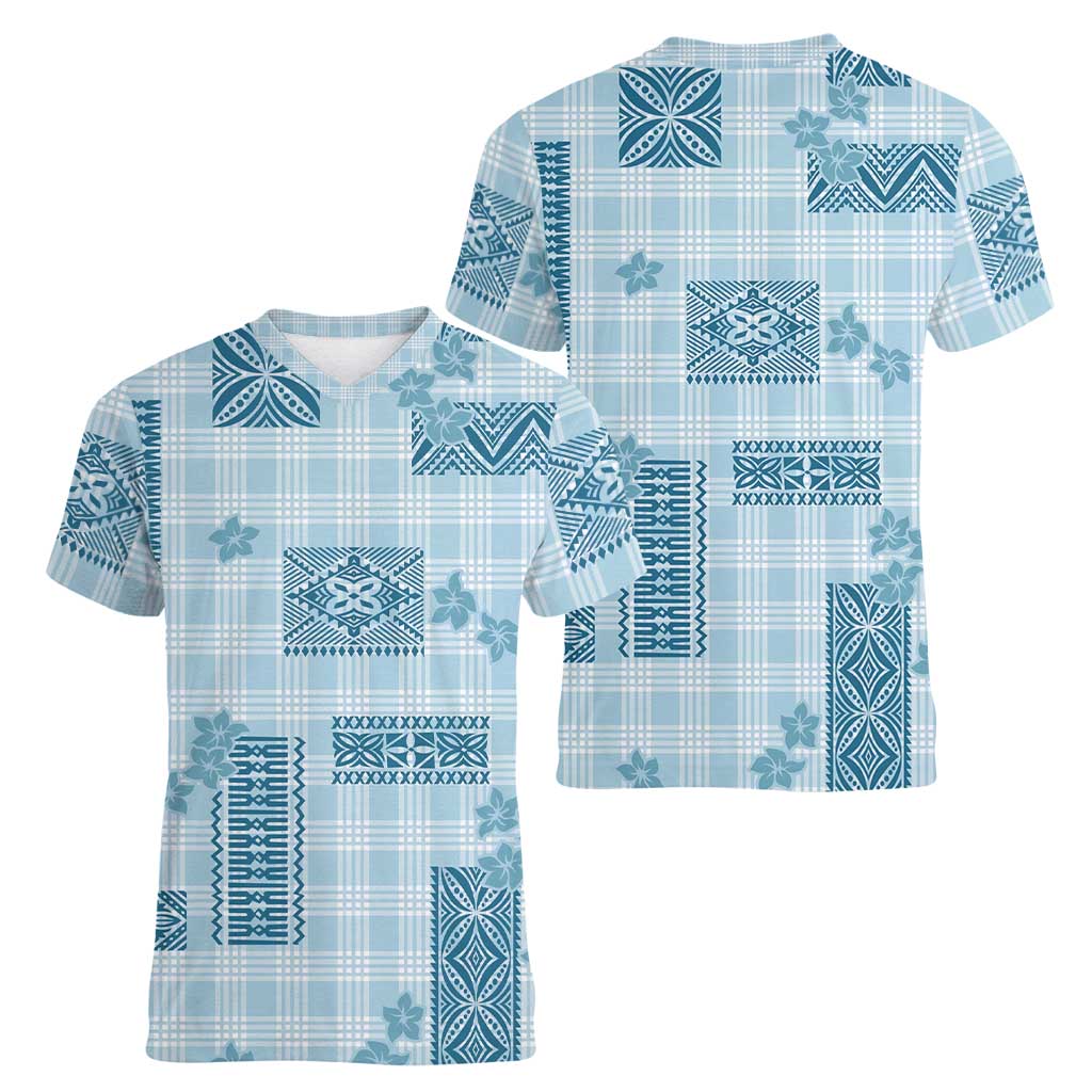 Hawaiian Quilt Tapa On Cold Blue Palaka Motifs Women V-Neck T-Shirt LT7 - Polynesian Pride