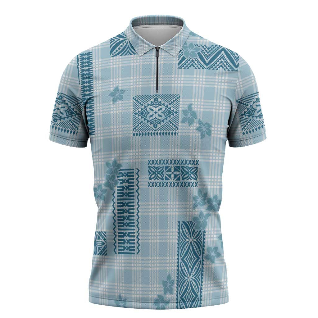 Hawaiian Quilt Tapa On Cold Blue Palaka Motifs Zipper Polo Shirt LT7 Azure - Polynesian Pride