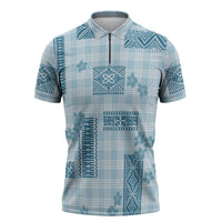 Hawaiian Quilt Tapa On Cold Blue Palaka Motifs Zipper Polo Shirt LT7 Azure - Polynesian Pride