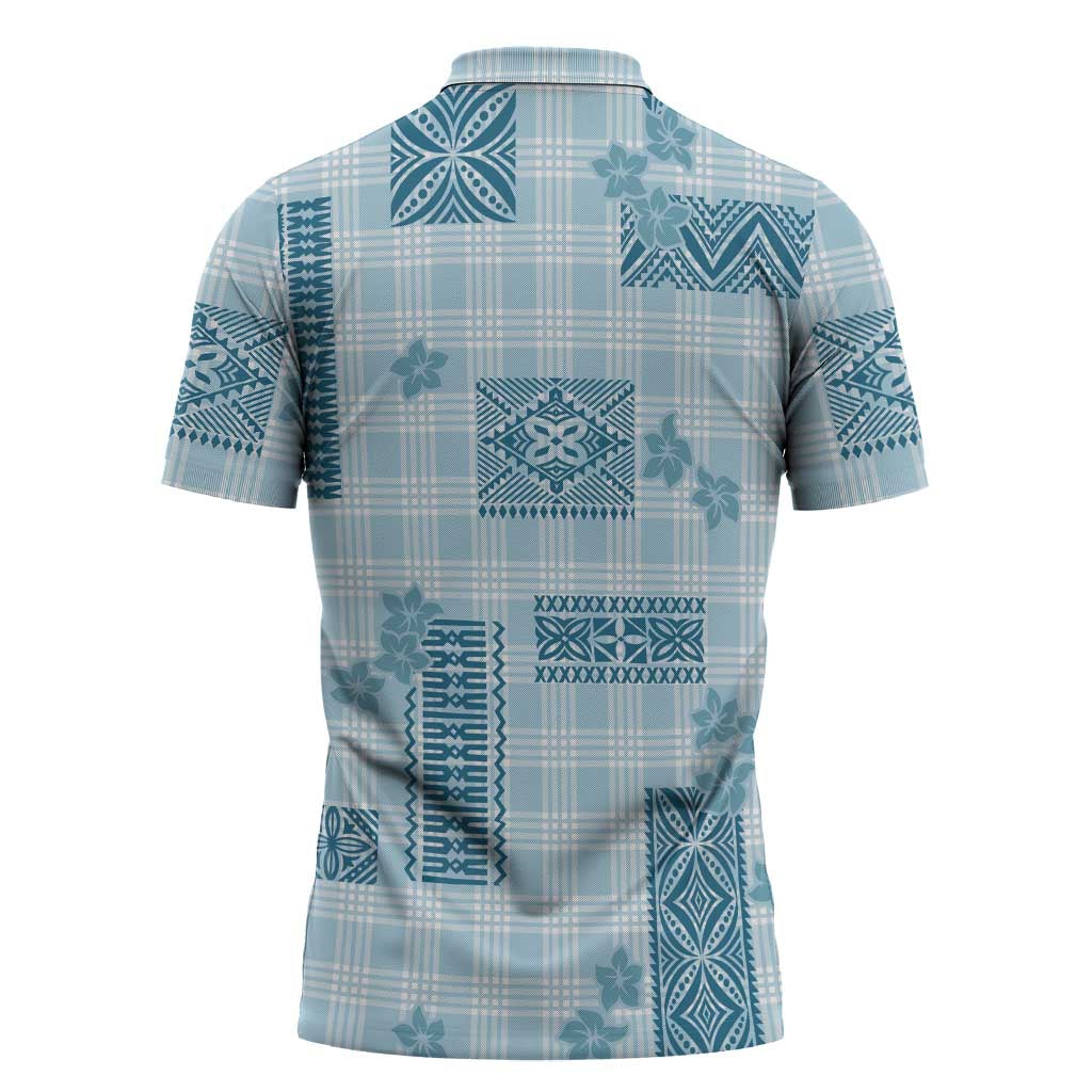Hawaiian Quilt Tapa On Cold Blue Palaka Motifs Zipper Polo Shirt LT7 - Polynesian Pride