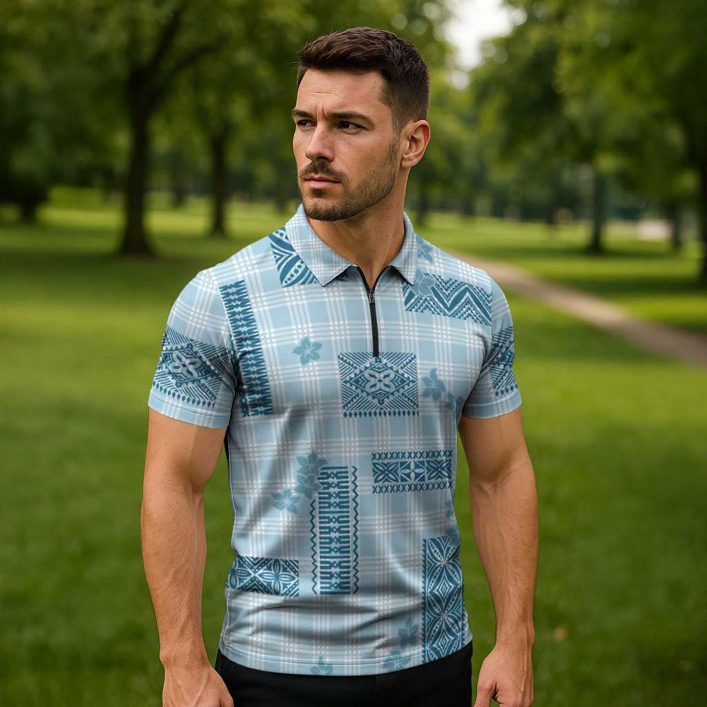 Hawaiian Quilt Tapa On Cold Blue Palaka Motifs Zipper Polo Shirt LT7 - Polynesian Pride