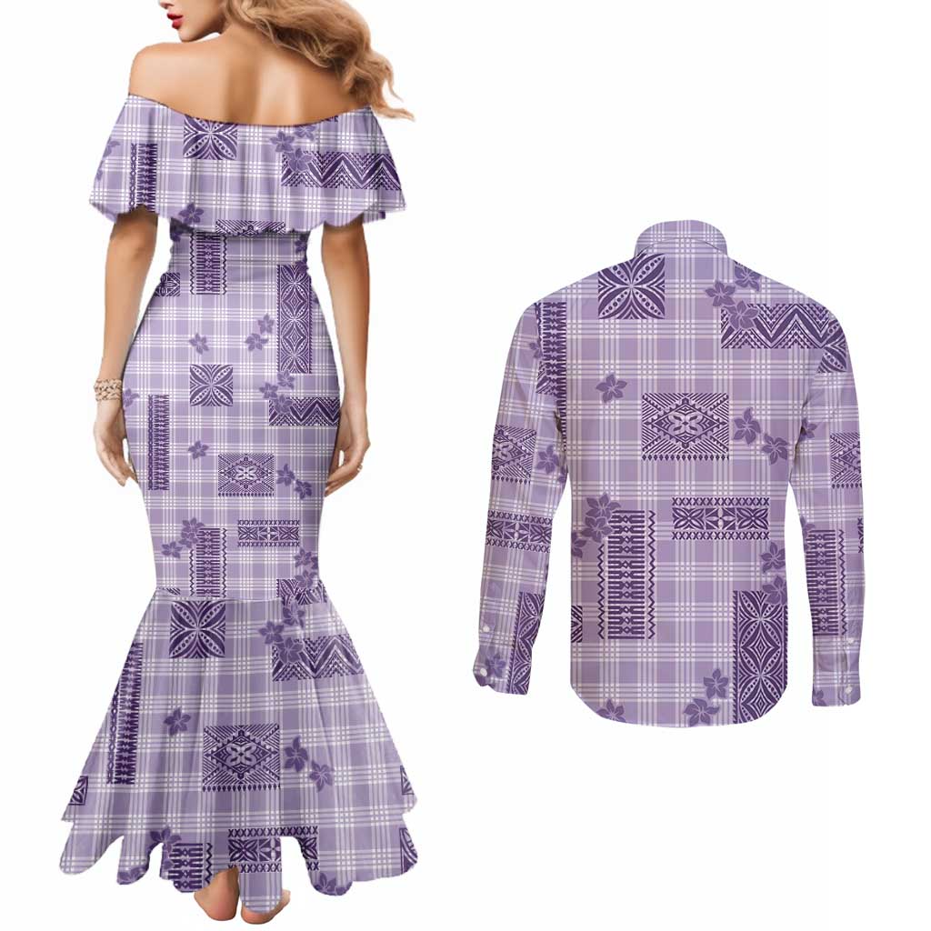 Hawaiian Quilt Tapa On Lilac Palaka Motifs Couples Matching Mermaid Dress and Long Sleeve Button Shirt