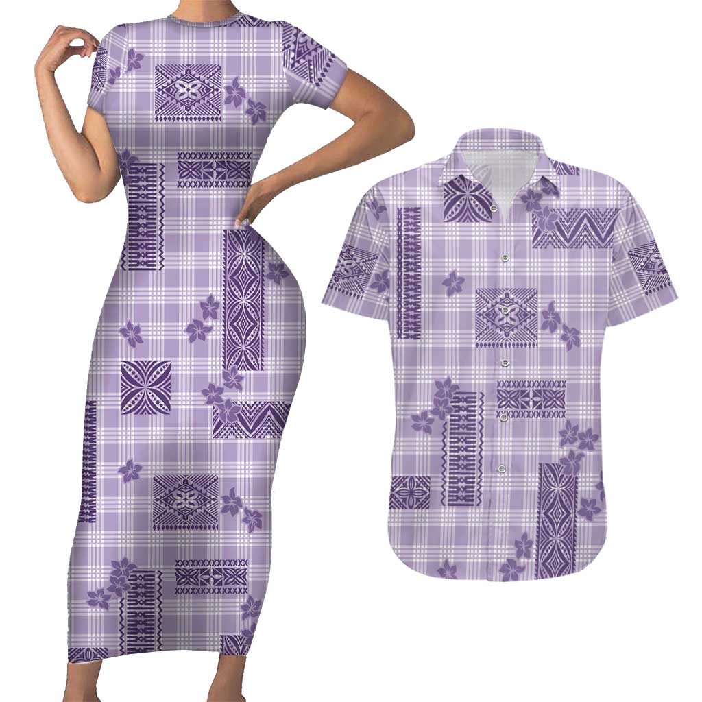 Hawaiian Quilt Tapa On Lilac Palaka Motifs Couples Matching Short Sleeve Bodycon Dress and Hawaiian Shirt
