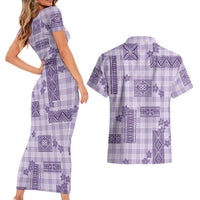 Hawaiian Quilt Tapa On Lilac Palaka Motifs Couples Matching Short Sleeve Bodycon Dress and Hawaiian Shirt