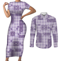 Hawaiian Quilt Tapa On Lilac Palaka Motifs Couples Matching Short Sleeve Bodycon Dress and Long Sleeve Button Shirt