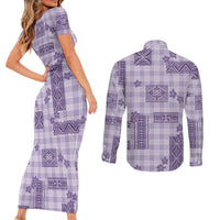 Hawaiian Quilt Tapa On Lilac Palaka Motifs Couples Matching Short Sleeve Bodycon Dress and Long Sleeve Button Shirt