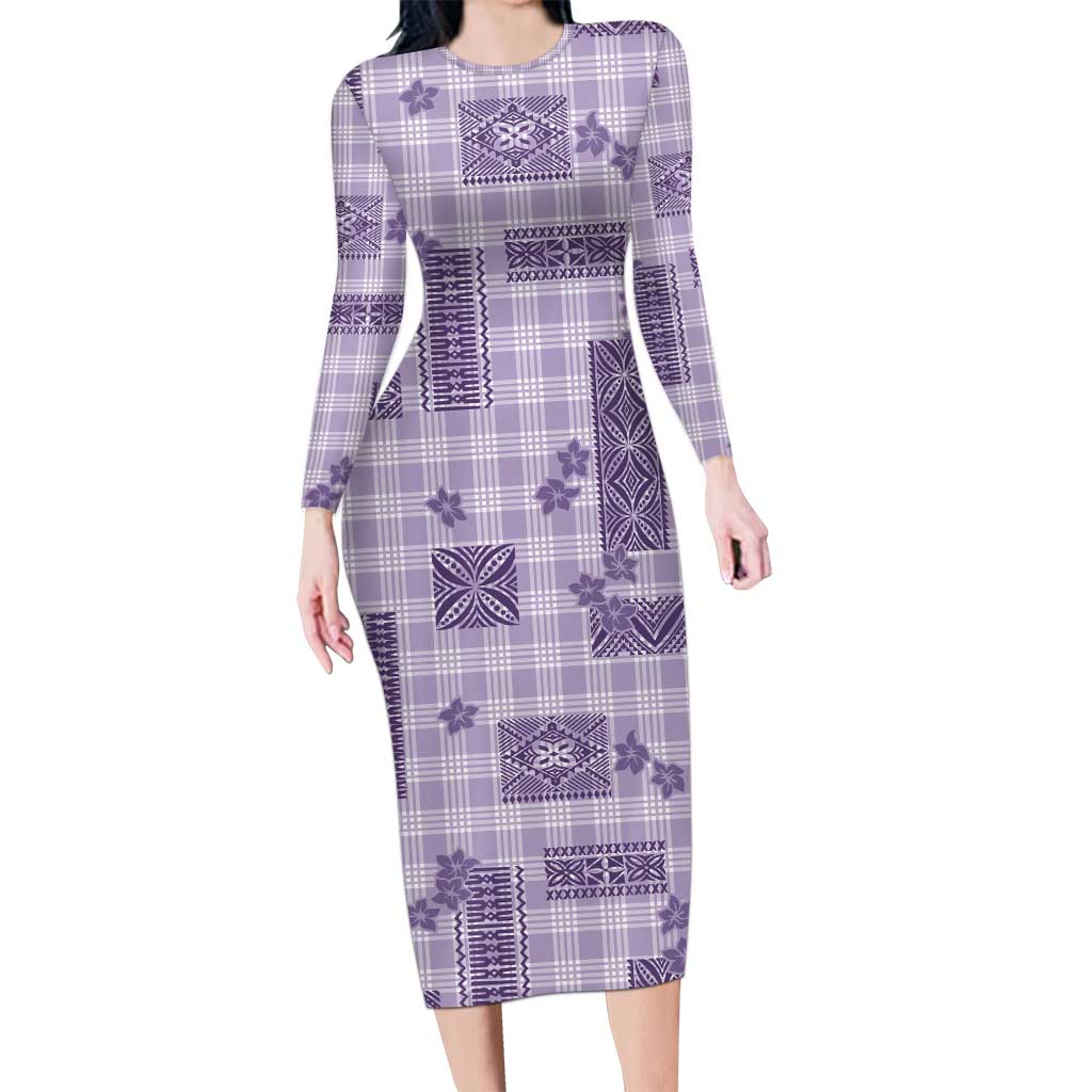 Hawaiian Quilt Tapa On Lilac Palaka Motifs Family Matching Long Sleeve Bodycon Dress and Hawaiian Shirt