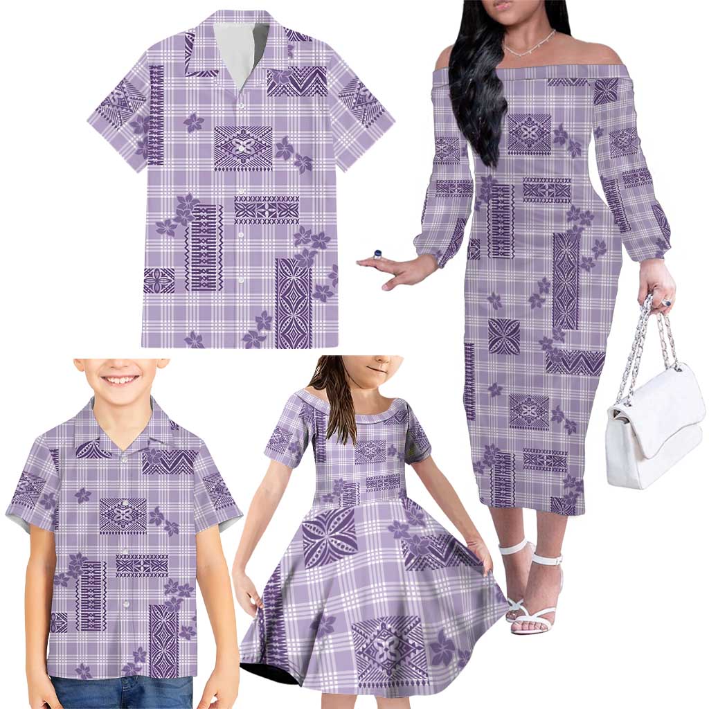 Hawaiian Quilt Tapa On Lilac Palaka Motifs Family Matching Off The Shoulder Long Sleeve Dress and Hawaiian Shirt LT7 - Polynesian Pride