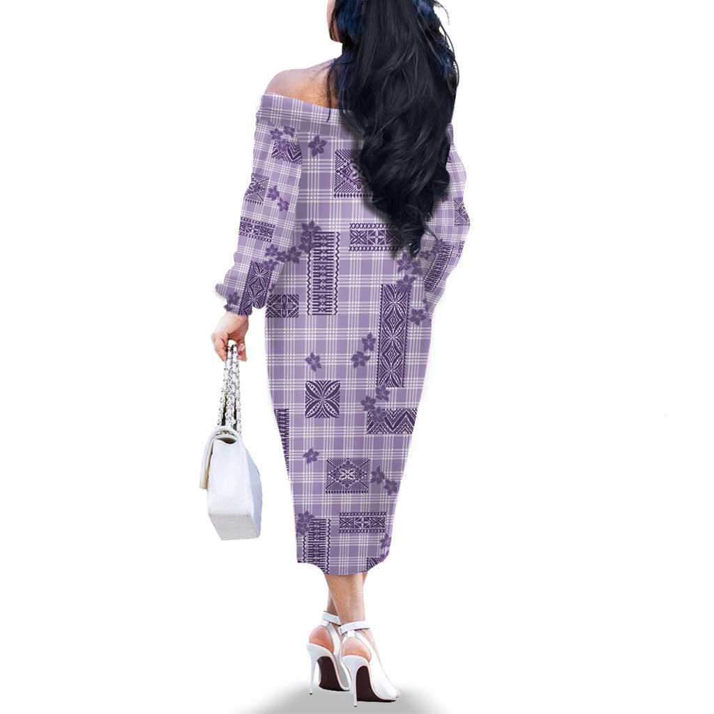 Hawaiian Quilt Tapa On Lilac Palaka Motifs Family Matching Off The Shoulder Long Sleeve Dress and Hawaiian Shirt