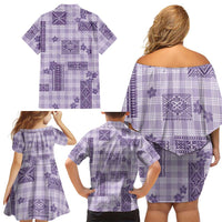 Hawaiian Quilt Tapa On Lilac Palaka Motifs Family Matching Off Shoulder Short Dress and Hawaiian Shirt