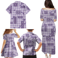 Hawaiian Quilt Tapa On Lilac Palaka Motifs Family Matching Puletasi and Hawaiian Shirt