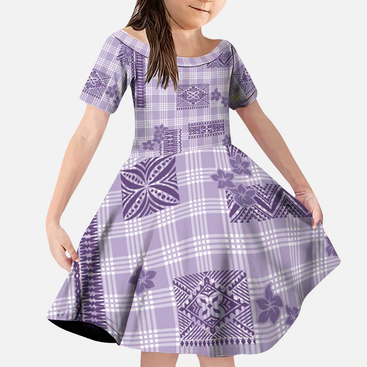 Hawaiian Quilt Tapa On Lilac Palaka Motifs Kid Short Sleeve Dress LT7 KID Lilac - Polynesian Pride