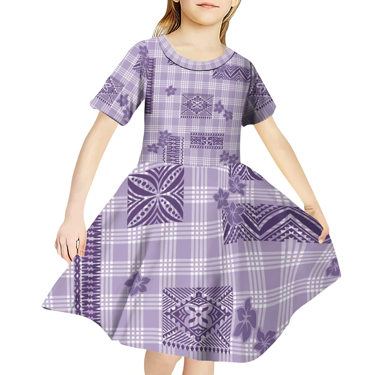 Hawaiian Quilt Tapa On Lilac Palaka Motifs Kid Short Sleeve Dress LT7 - Polynesian Pride