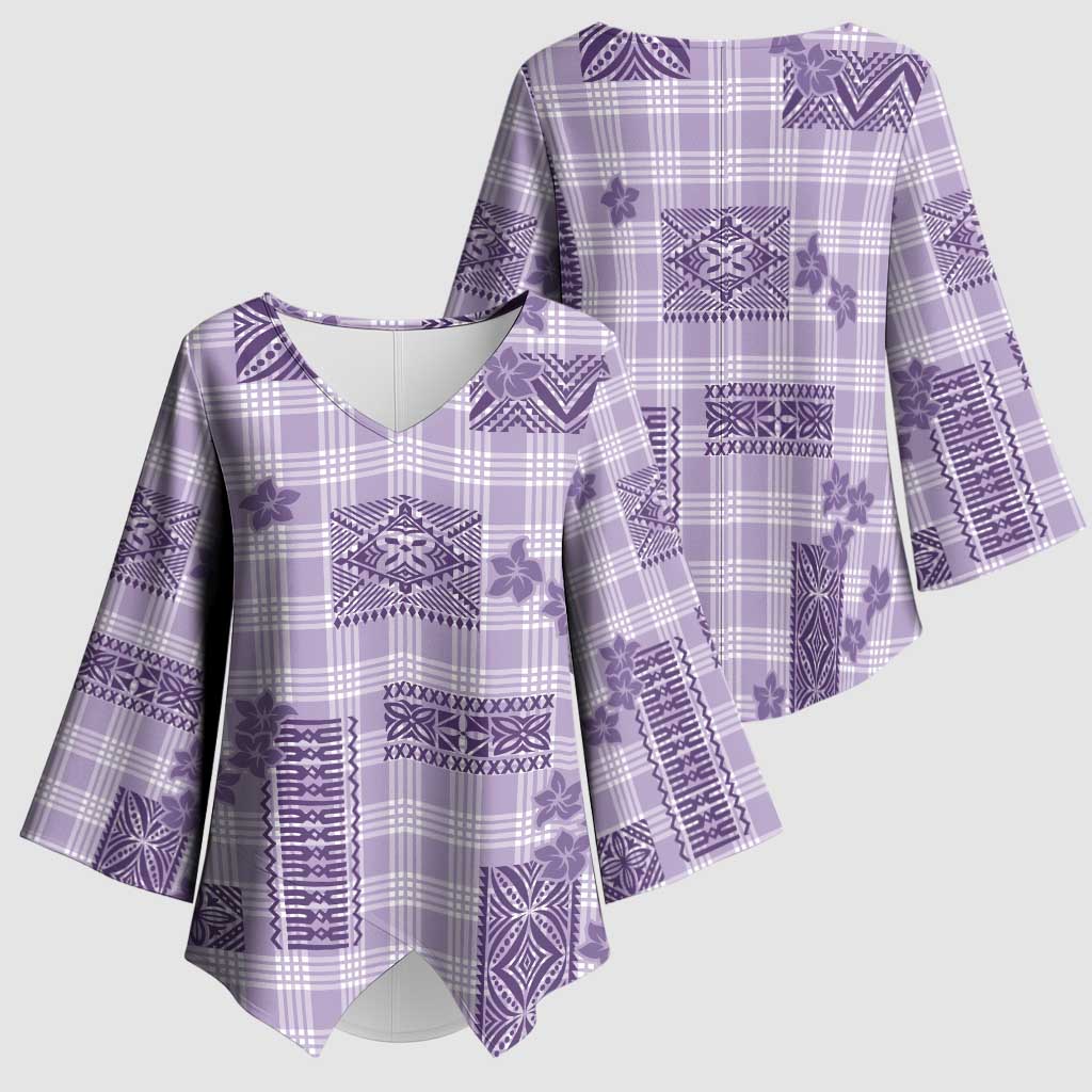 Hawaiian Quilt Tapa On Lilac Palaka Motifs Kimono Sleeve Blouse LT7 - Polynesian Pride