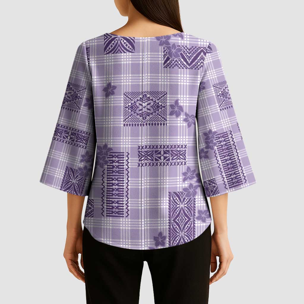 Hawaiian Quilt Tapa On Lilac Palaka Motifs Kimono Sleeve Blouse LT7 - Polynesian Pride