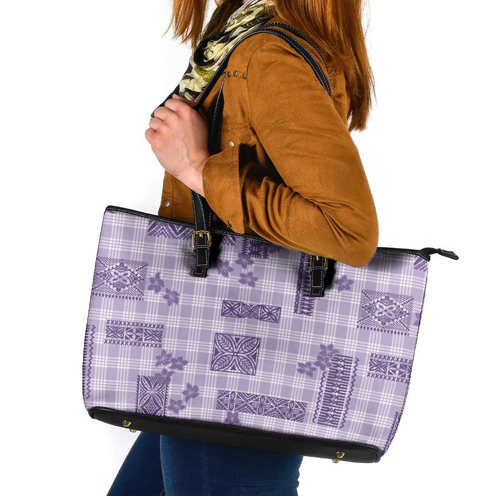 Hawaiian Quilt Tapa On Lilac Palaka Motifs Leather Tote Bag LT7 Lilac - Polynesian Pride