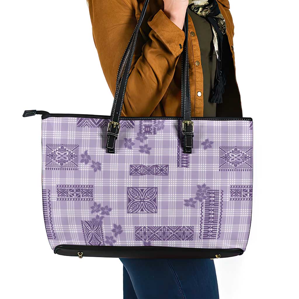 Hawaiian Quilt Tapa On Lilac Palaka Motifs Leather Tote Bag LT7 - Polynesian Pride