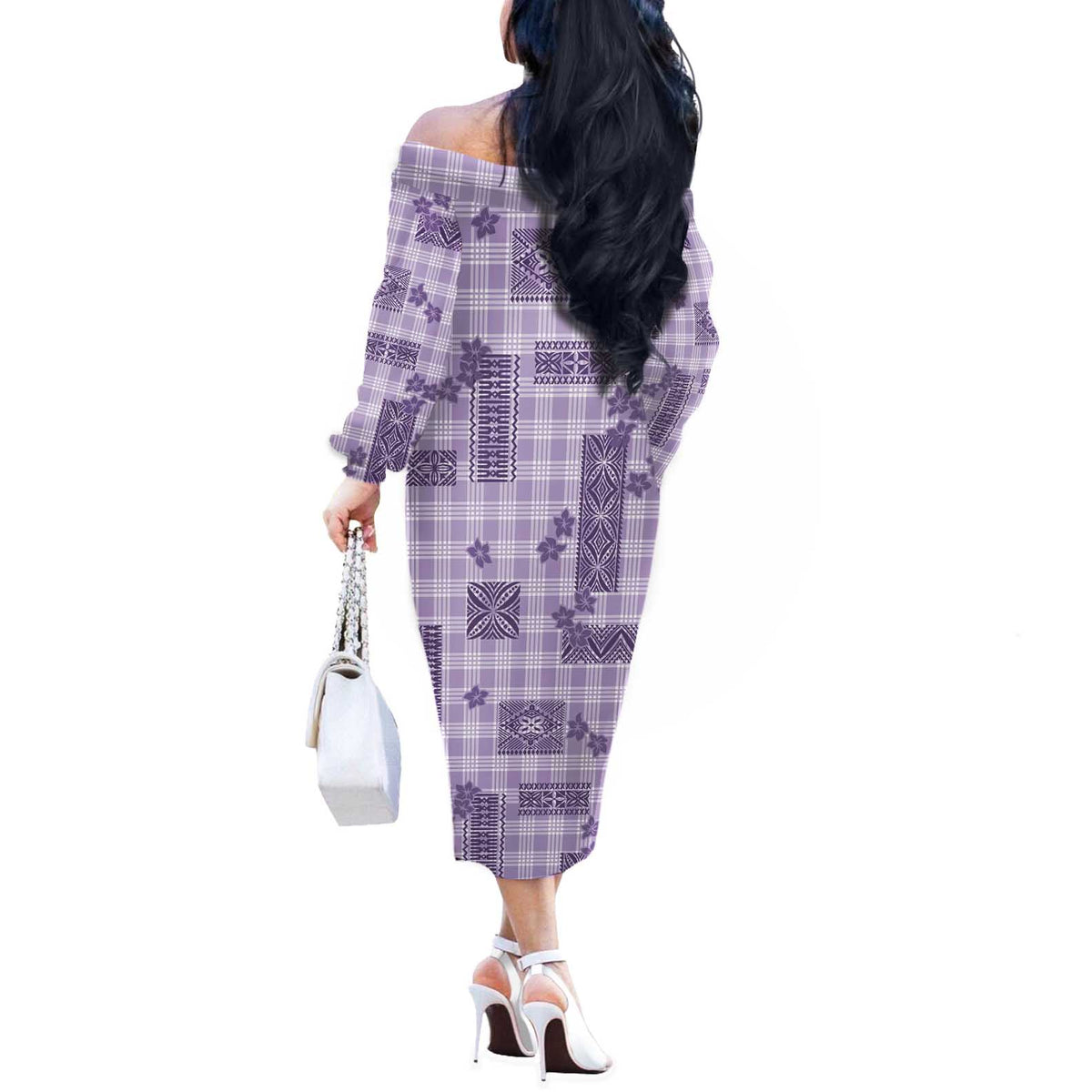 Hawaiian Quilt Tapa On Lilac Palaka Motifs Off The Shoulder Long Sleeve Dress LT7 - Polynesian Pride