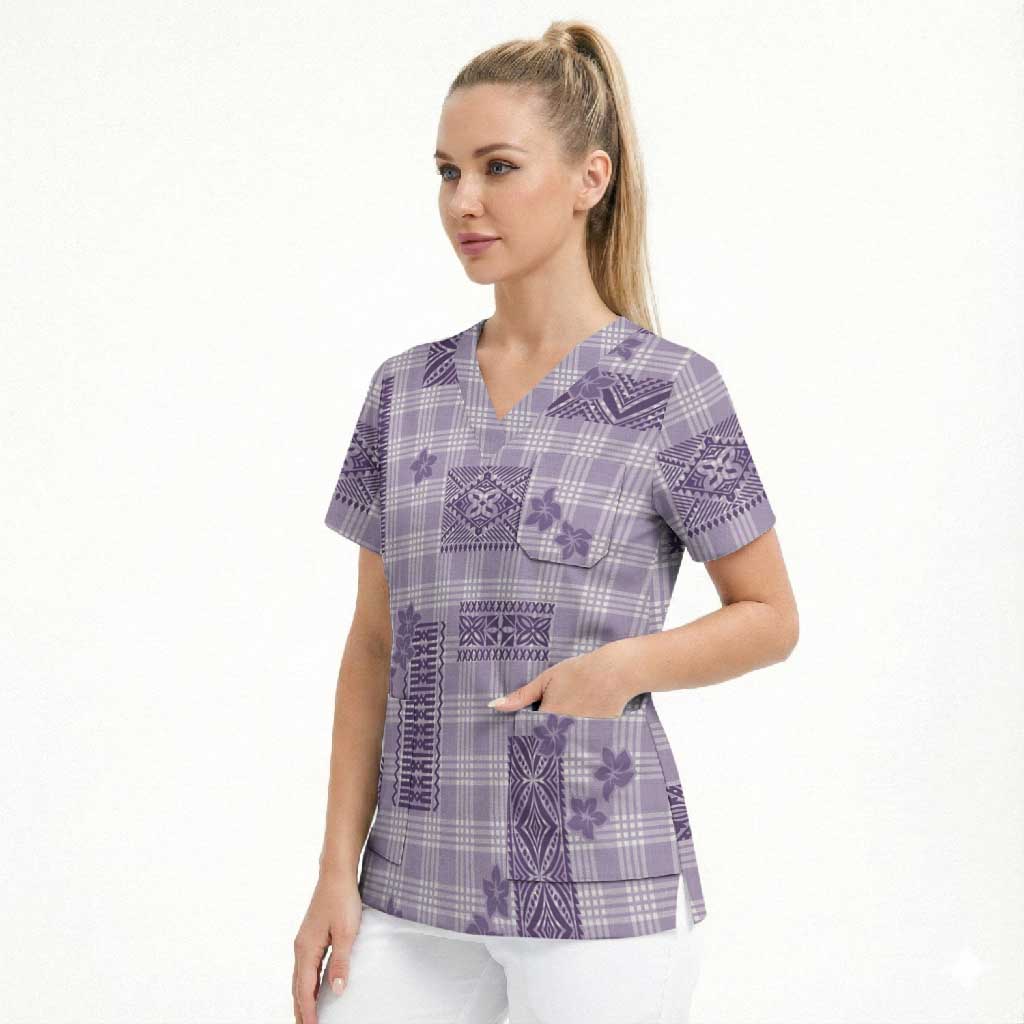 Hawaiian Quilt Tapa On Lilac Palaka Motifs Scrub Top LT7 - Polynesian Pride