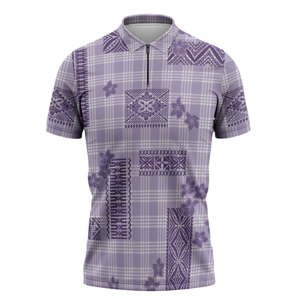 Hawaiian Quilt Tapa On Lilac Palaka Motifs Zipper Polo Shirt