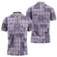 Hawaiian Quilt Tapa On Lilac Palaka Motifs Zipper Polo Shirt