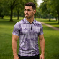 Hawaiian Quilt Tapa On Lilac Palaka Motifs Zipper Polo Shirt