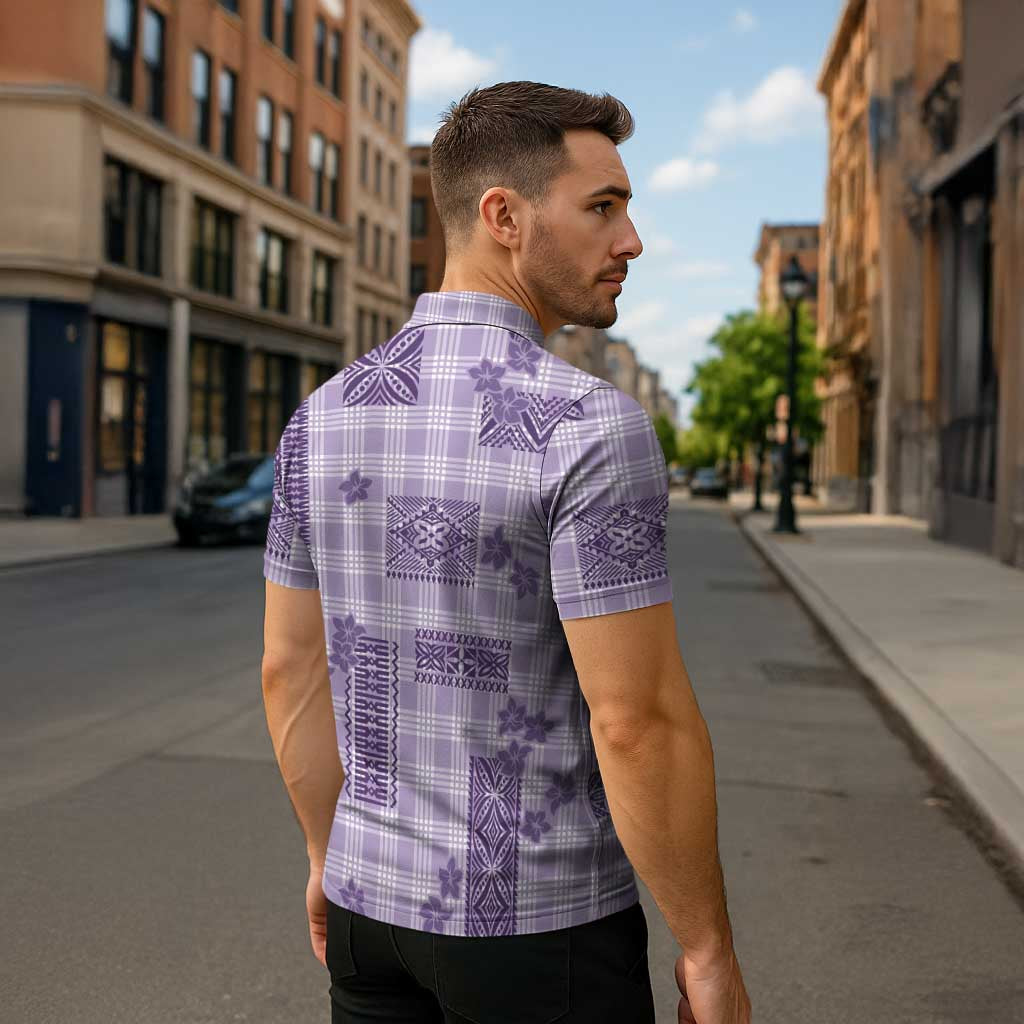 Hawaiian Quilt Tapa On Lilac Palaka Motifs Zipper Polo Shirt